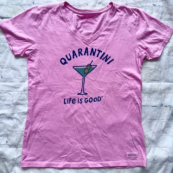 NWOT Women’s Small Life Is Good Quarantini Graphic SS Crusher VNeck TShirt Pink - Picture 2 of 7